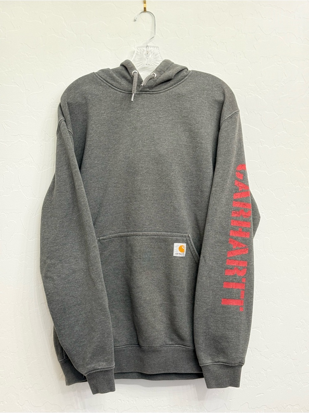Carhartt Gray Hooded Sweatshirt with Red Sleeve Logo